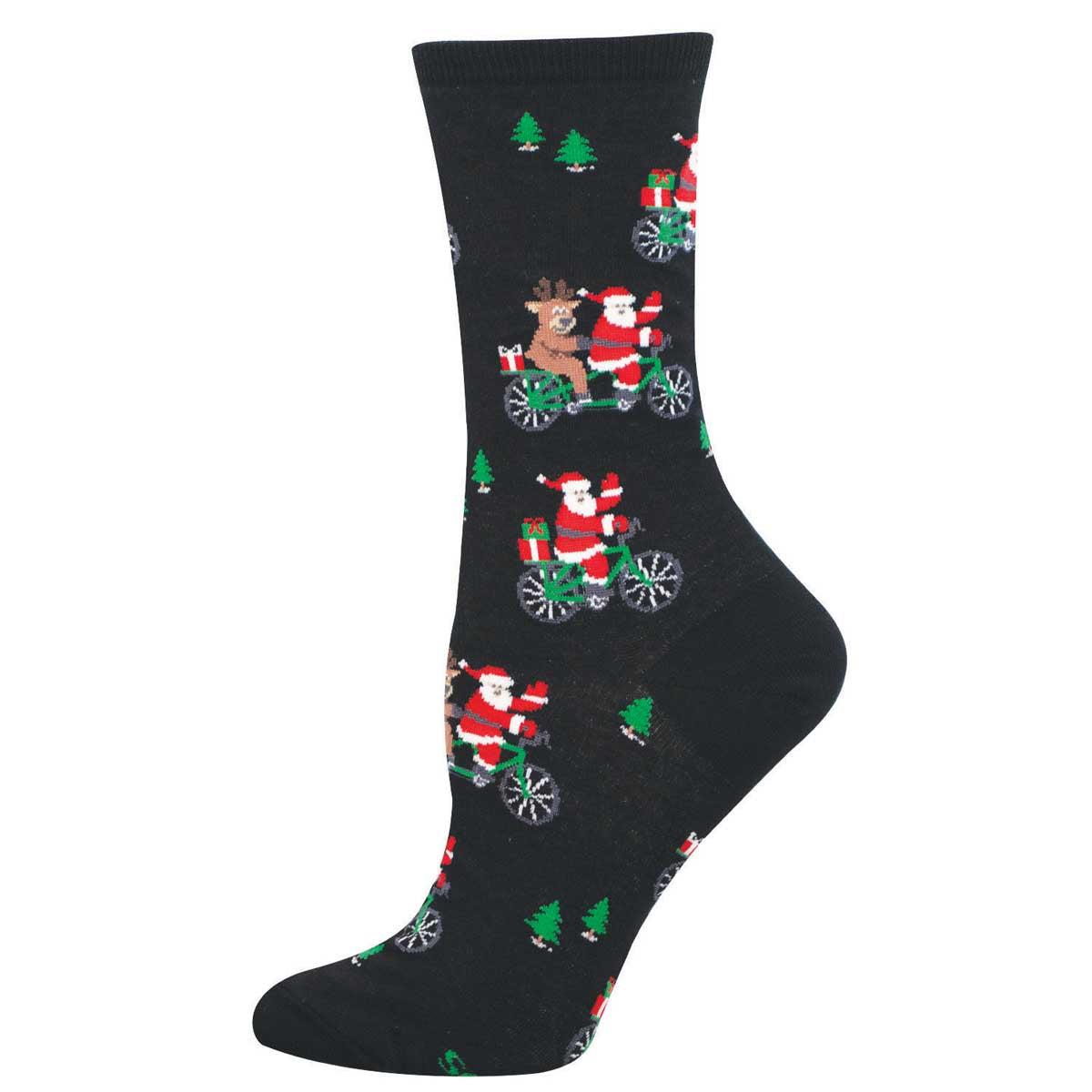Women's Holiday Cotton Crew Socks - Santa and Rudolph Riding Bicycle - Black - Socksmith