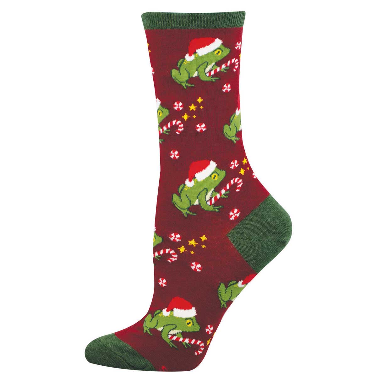 Women's Holiday Cotton Crew Socks - Cute Frogs Wearing Santa Hats and Holding Candy Canes - Burgundy and Green - Socksmith