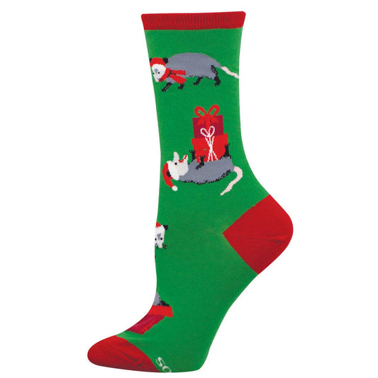 Women's Holiday Cotton Crew Socks - Possums Wearing Santa Hats and Scarves - Green and Red - Socksmith