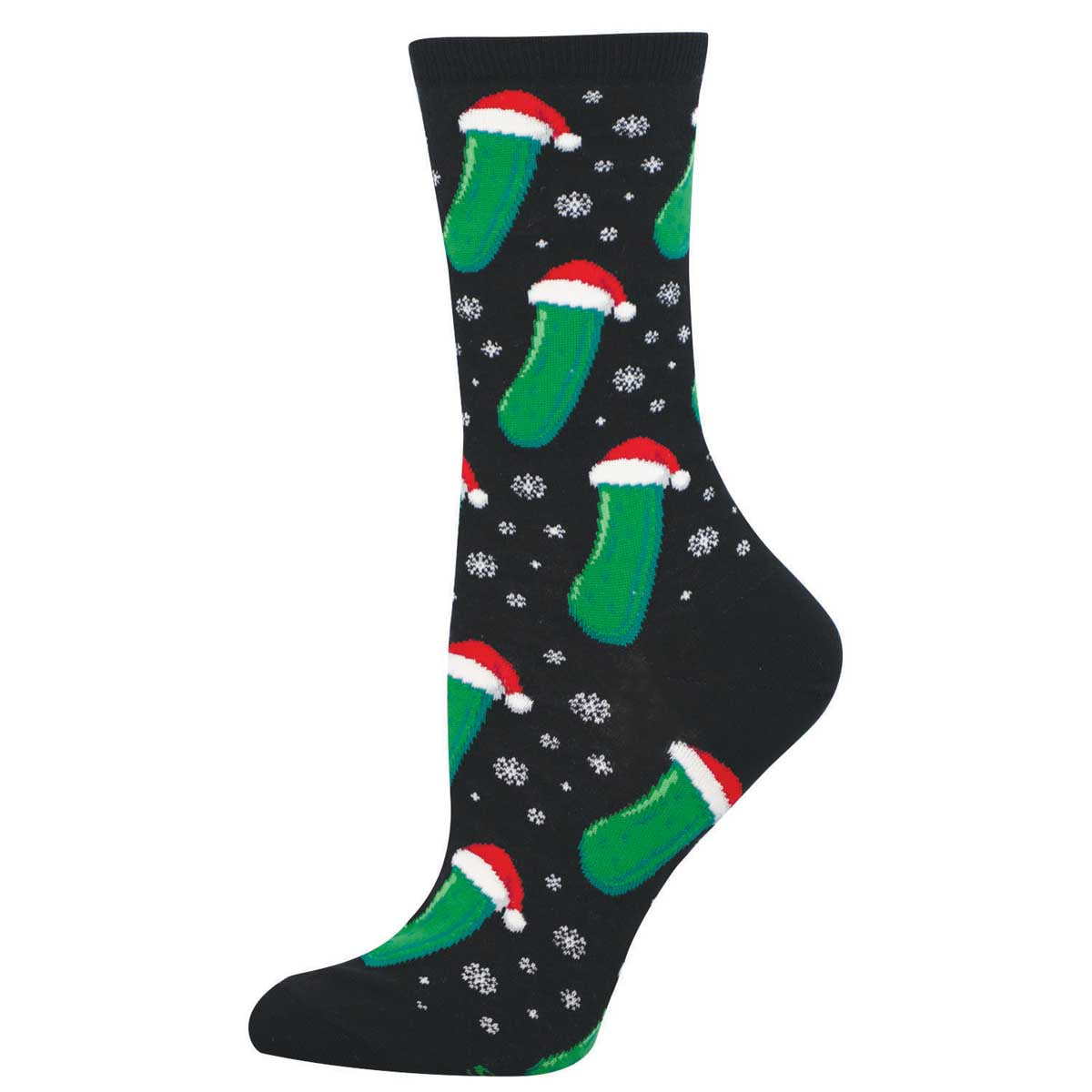 Women's Holiday Cotton Crew Socks - Dill Pickles Wearing Santa Hats Design - Black - Socksmith