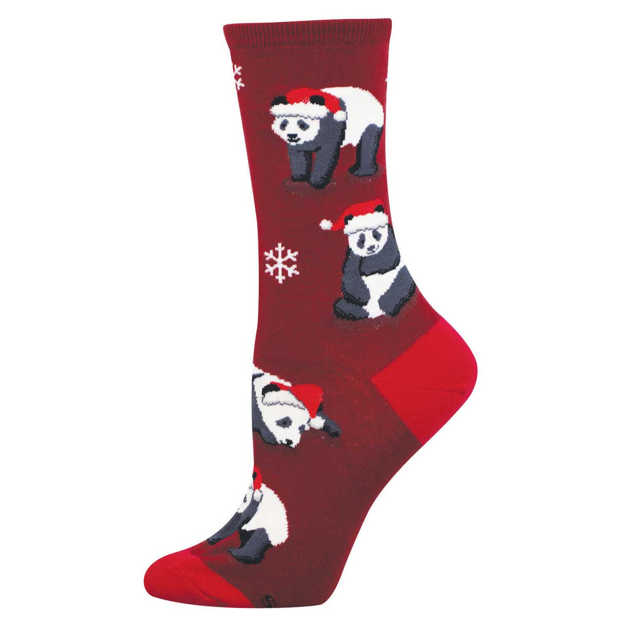 Women's Holiday Cotton Crew Socks - Panda Bears Wearing Santa Hats - Burgundy - Socksmith