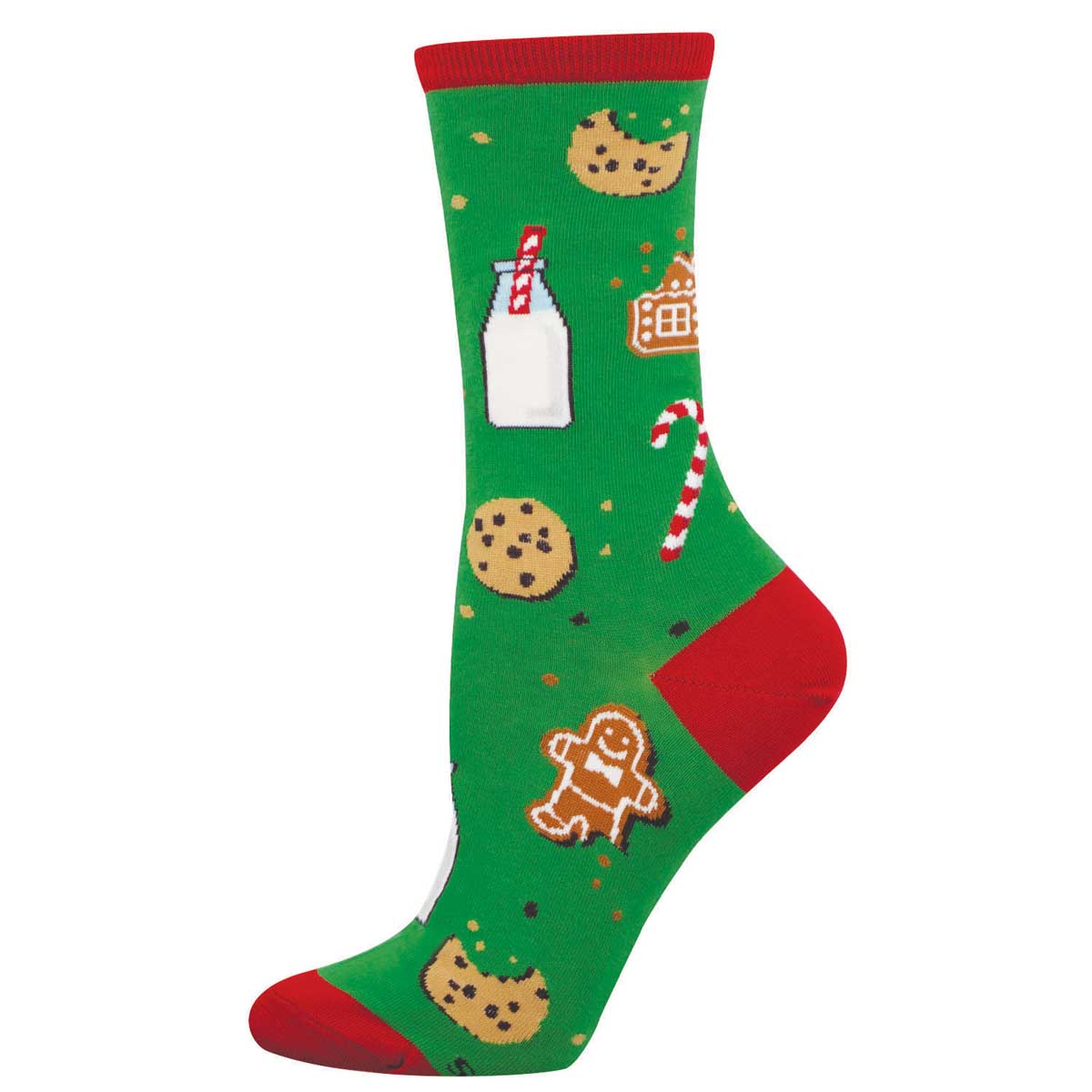 Women's Holiday Cotton Crew Socks - Christmas Cookies and Milk with Gingerbread Men - Green and Red - Socksmith