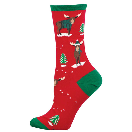 Women's Holiday Cotton Crew Socks - Moose Wearing Sweaters Design - Red and Green - Socksmith