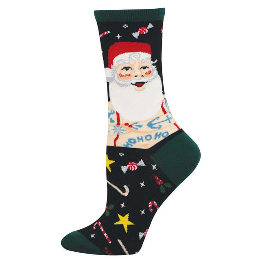 Women's Holiday Cotton Crew Socks - Santa Claus with Tattoos Design - Black - Socksmith