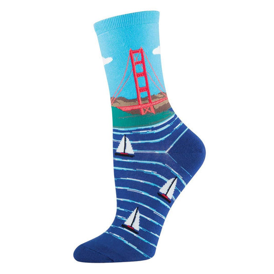 Women's Cotton Crew Socks - Golden Gate Bridge and Sailboat Design - Blue - Socksmith