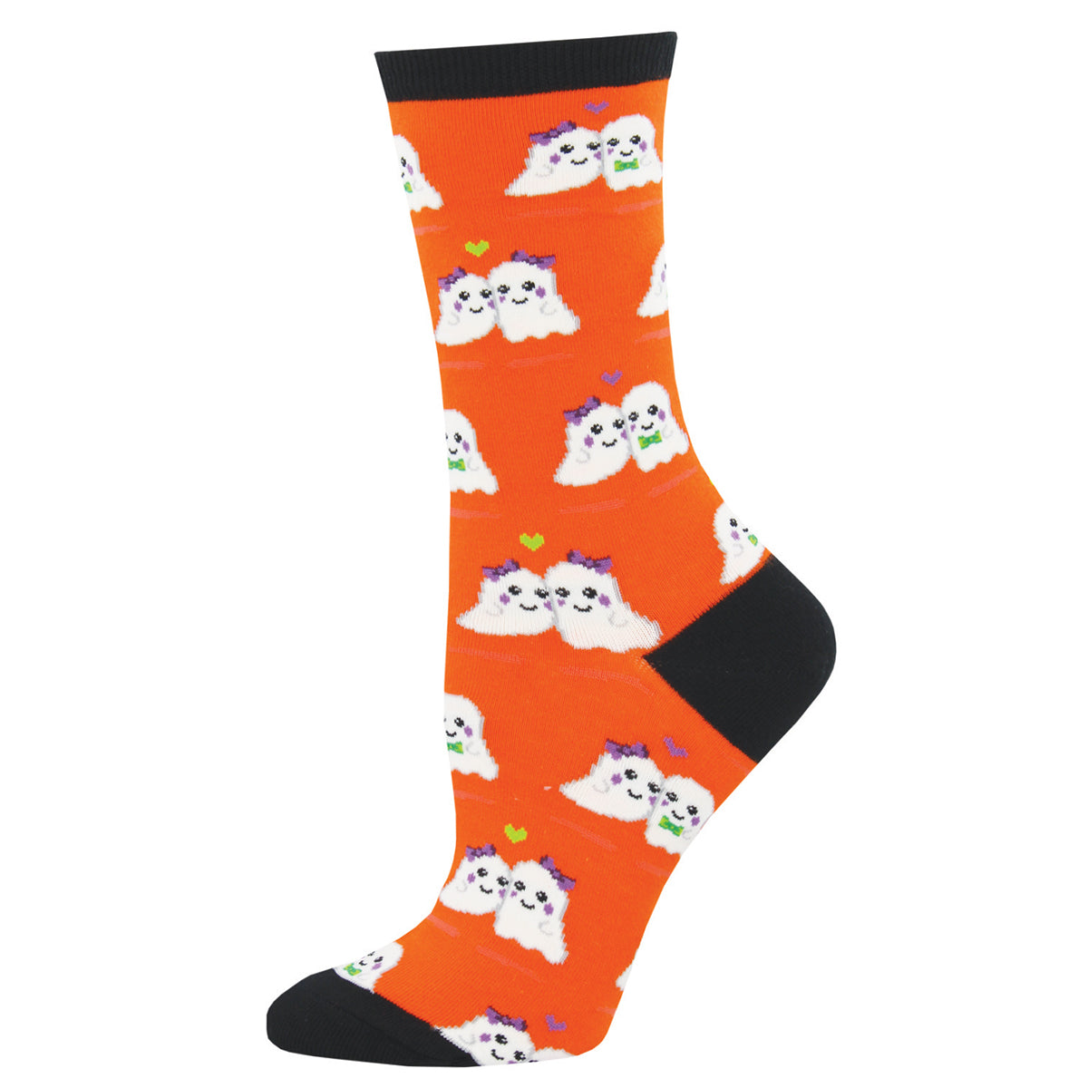 Women's Cotton Crew Socks - Cute Ghost Pattern - Orange with Black Cuff, Heel, and Toe - Socksmith