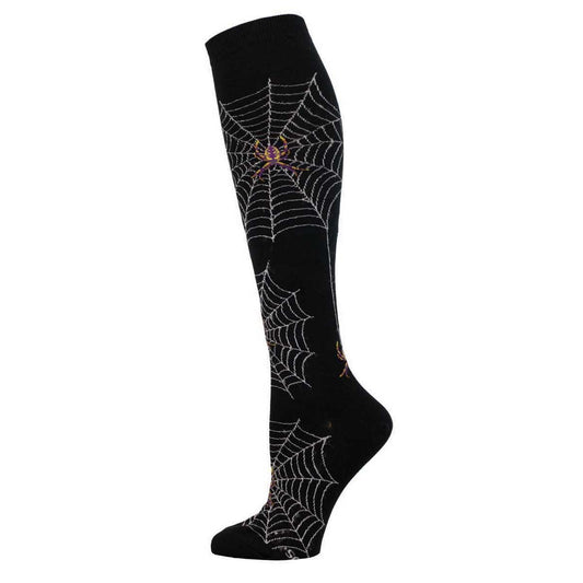 A knee-high sock with a black background featuring a spider and spiderweb pattern.
