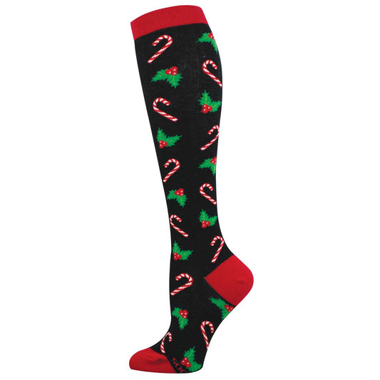 Women's Knee High Cotton Crew Socks - Candy Canes and Holly Design - Black and Red - Socksmith