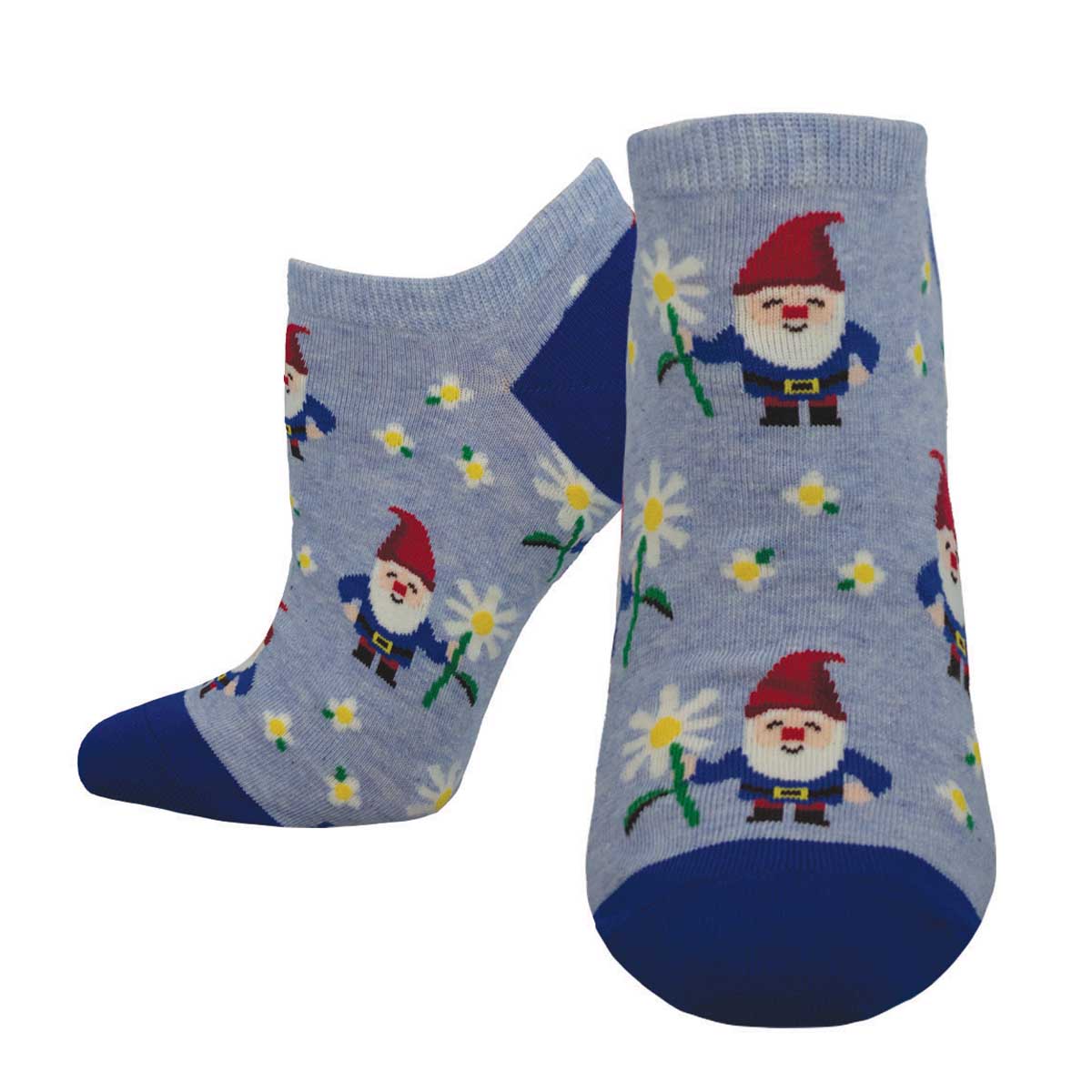 A pair of shortie socks with a whimsical gnome design on a floral background.