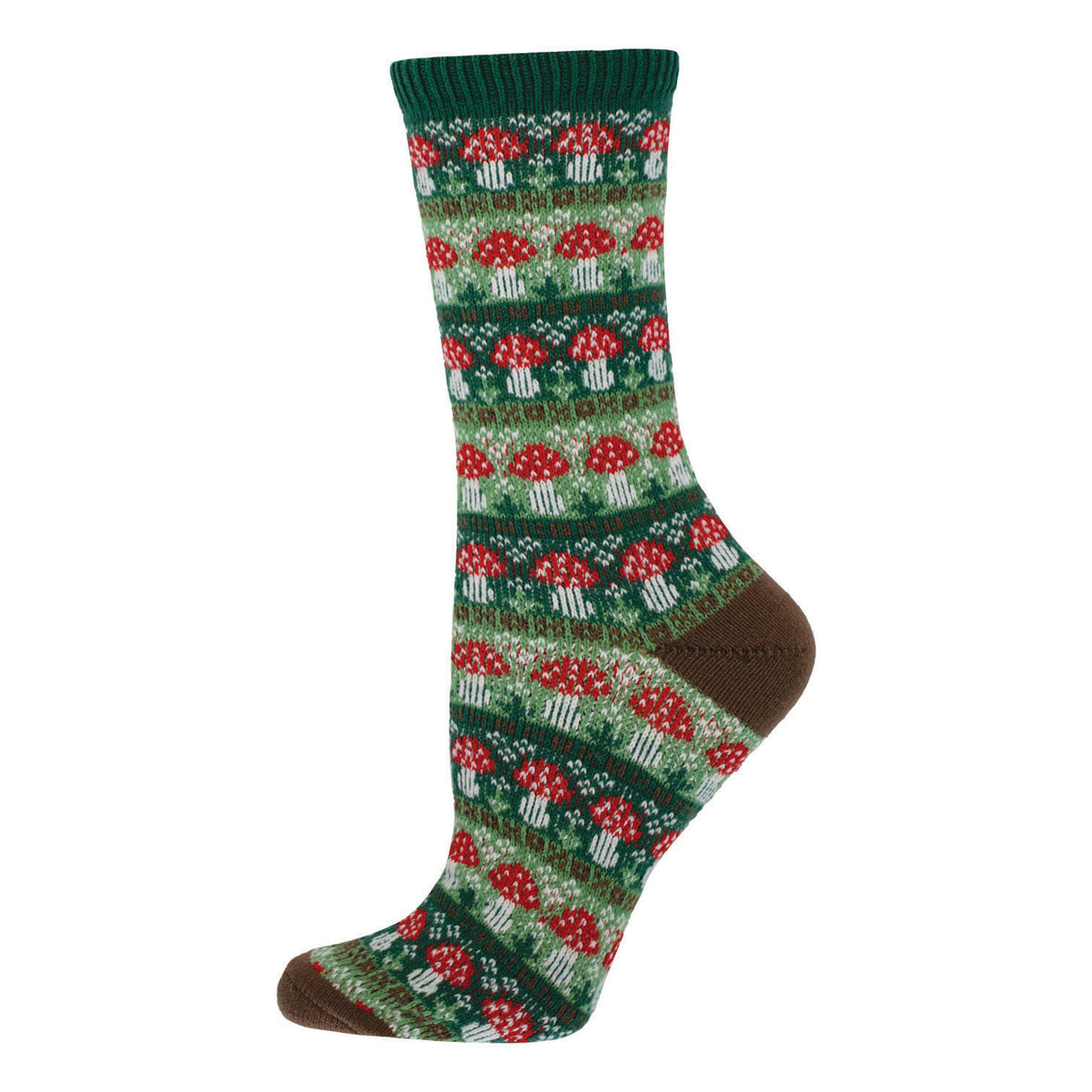 A pair of green, red, and brown patterned sweater socks with a repeating mushroom design.