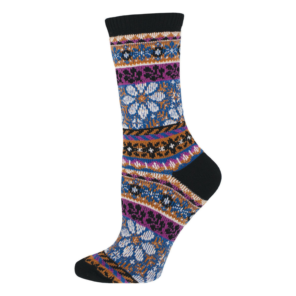 A colorful pair of sweater socks with floral and geometric patterns.
