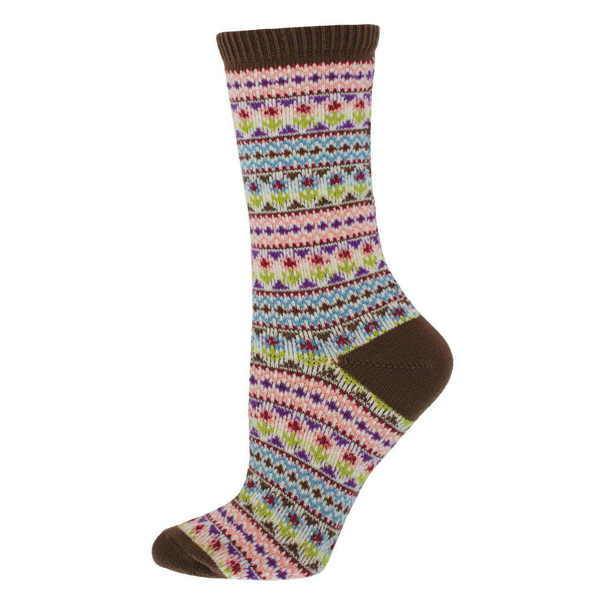 A colorful pair of women's sweater socks with a floral pattern and brown accents.