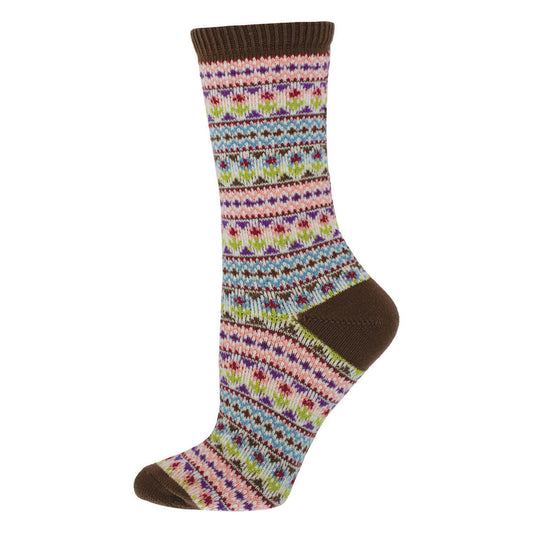 A colorful pair of women's sweater socks with a floral pattern and brown accents.