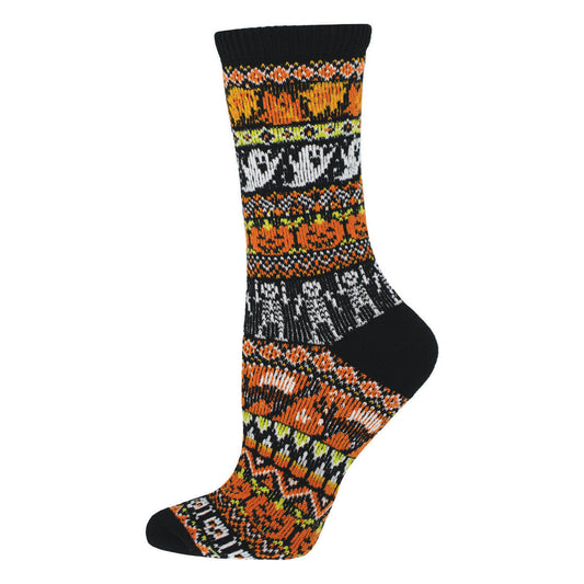 A colorful pair of novelty sweater socks with a Halloween theme, featuring patterns of pumpkins, ghosts, and cats in black, orange, and white.
