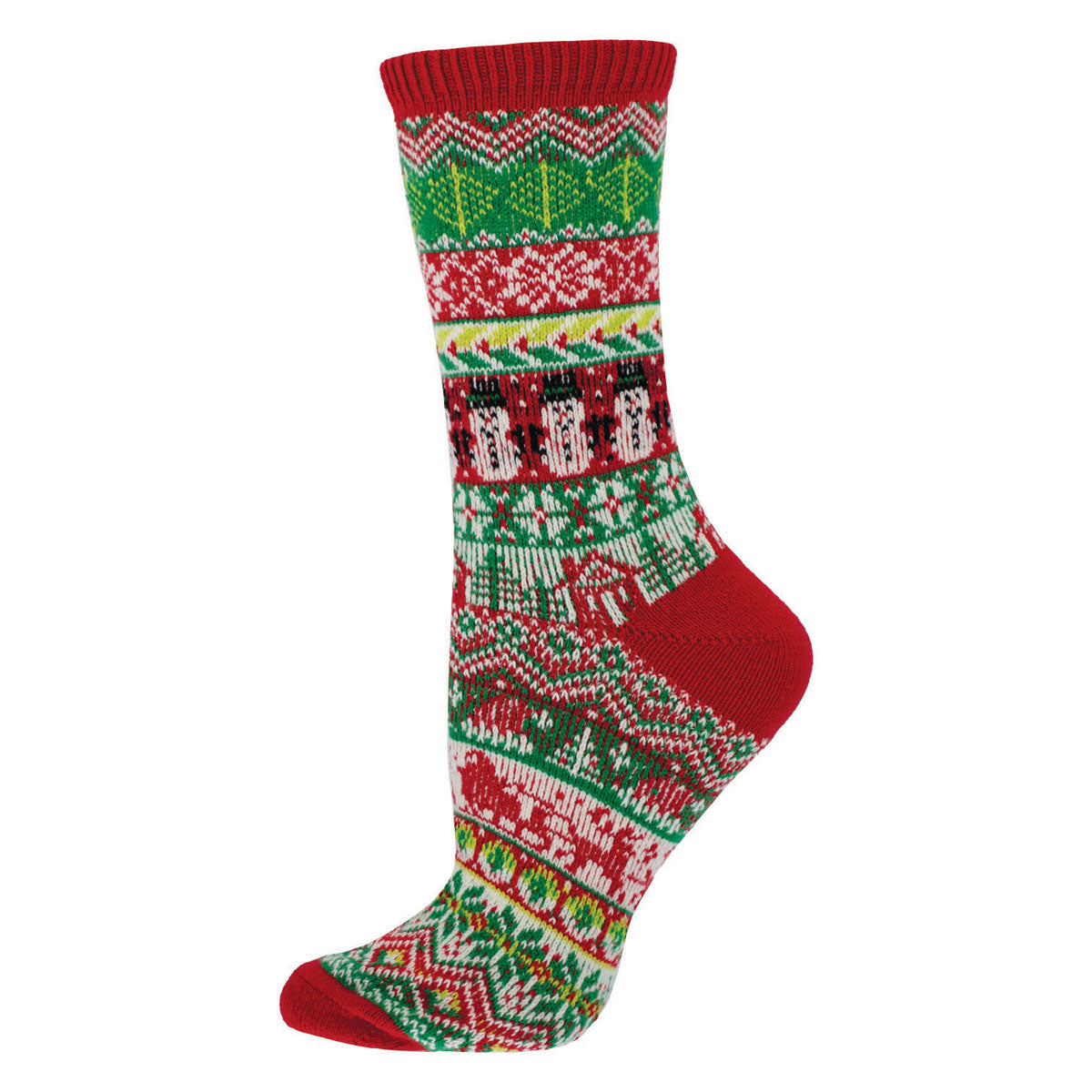 A pair of Christmas-themed sweater socks with red, green, and white colors and patterned with snowmen and holiday motifs.