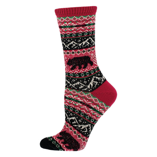 A pair of multicolored sweater socks with a bear motif and geometric patterns, predominantly red and black.