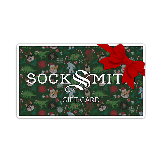 Socksmith gift card with Christmas-themed design and red bow on a green background