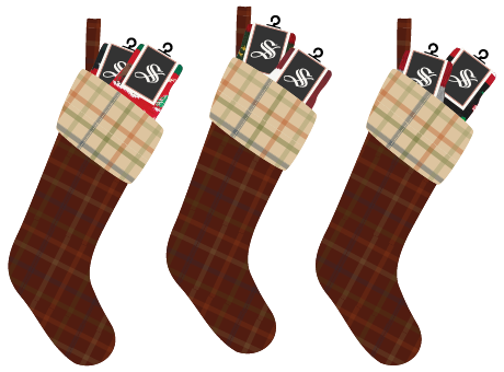 Three plaid Christmas stockings with Socksmith labels sticking out of the top
