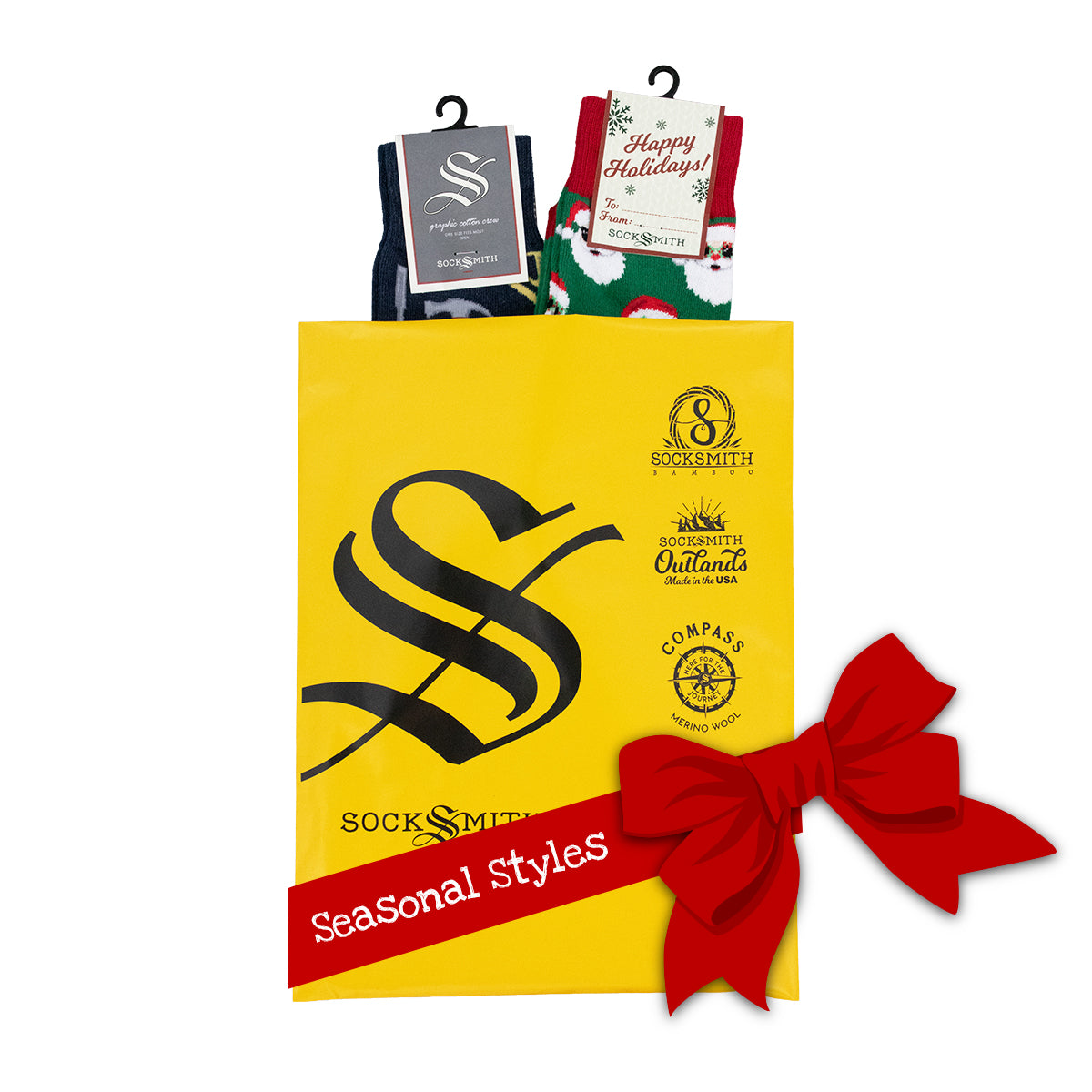 A yellow Socksmith gift bag with black printed logos and text, holding two packaged pairs of men's cotton novelty socks, one regular style and one holiday themed. A decorative bow has been added to the image to call out the seasonal styles.