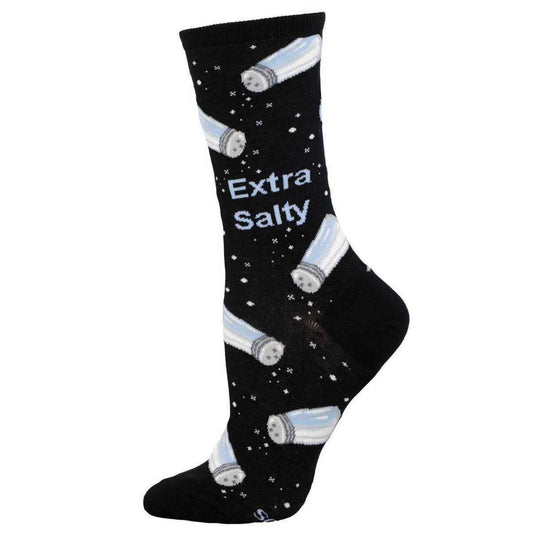 Black crew socks with a pattern of salt shakers and the text 'Extra Salty' displayed prominently.