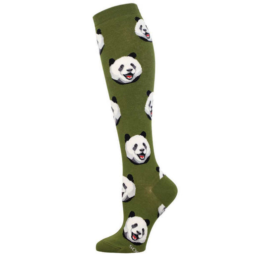 A knee-high sock with a green background featuring a pattern of panda faces in various expressions.