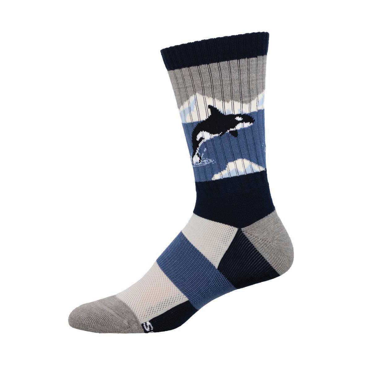 A pair of crew socks with a pattern featuring an orca whale in a cold environment, predominantly in blue and gray tones.