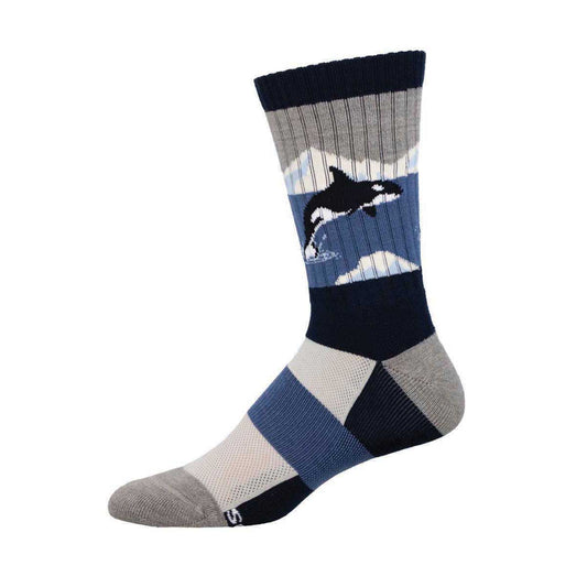 A pair of crew socks with a pattern featuring an orca whale in a cold environment, predominantly in blue and gray tones.