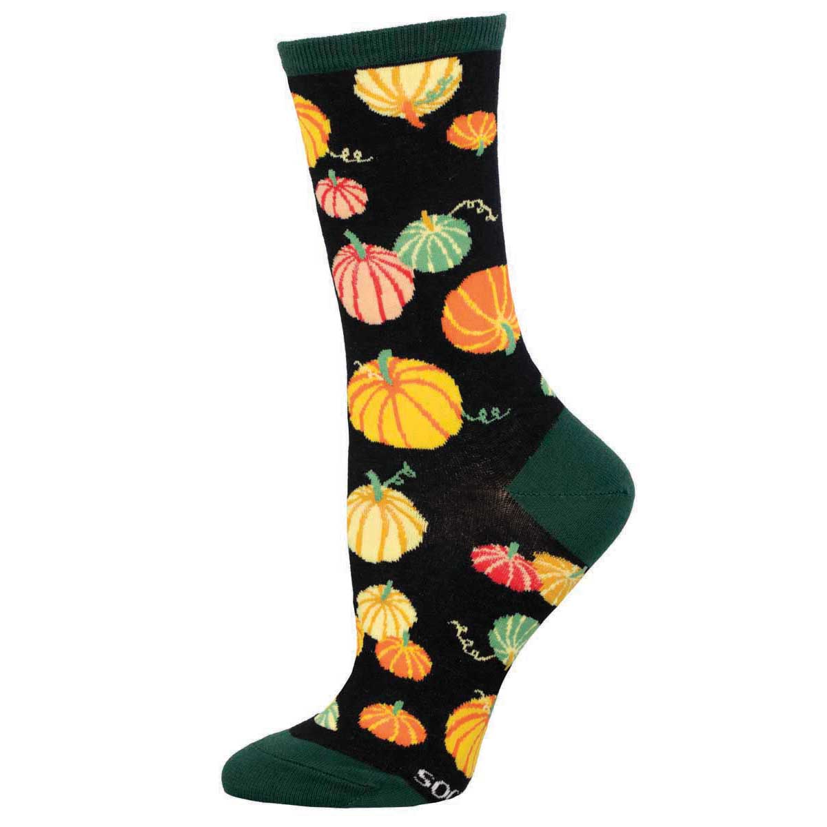 A pair of women's crew socks with a pattern of various colored pumpkins on a black background.