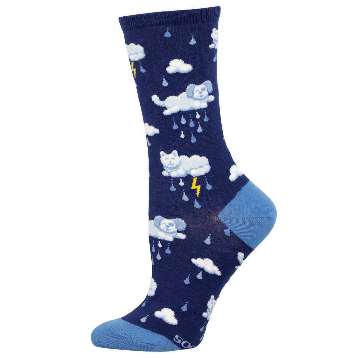 A pair of women's socks with a pattern of cats and dogs in clouds and rain, predominantly blue and white. 'Raining Cats and Dogs'