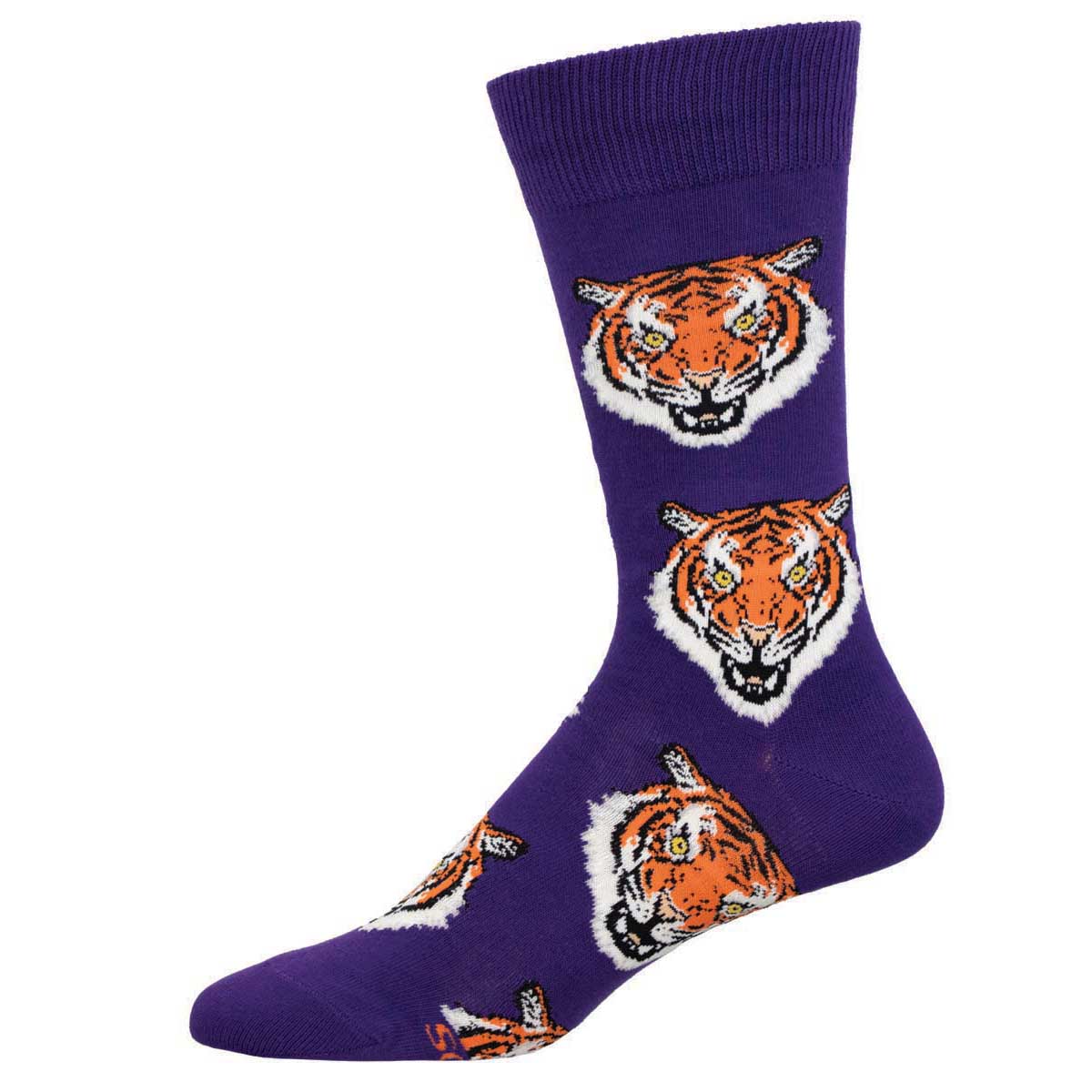 A pair of purple crew socks with a pattern of fierce tiger faces in orange and white.
