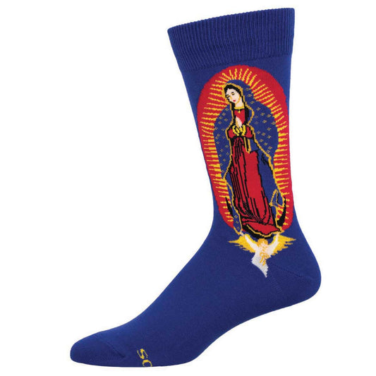 A blue sock featuring an illustration of Our Lady of Guadalupe against a red and yellow background.