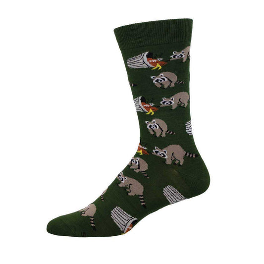 A pair of green socks with a pattern of raccoons in various garbage disposal settings.