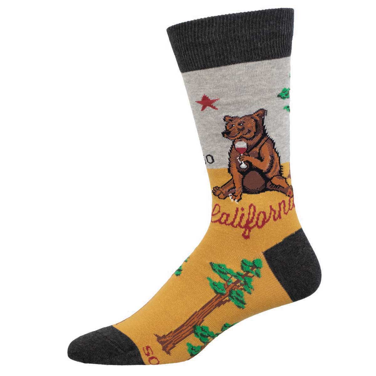A pair of socks with a bear holding a wine glass, and the word 'California' written on them, set against a yellow background with green and gray accents.