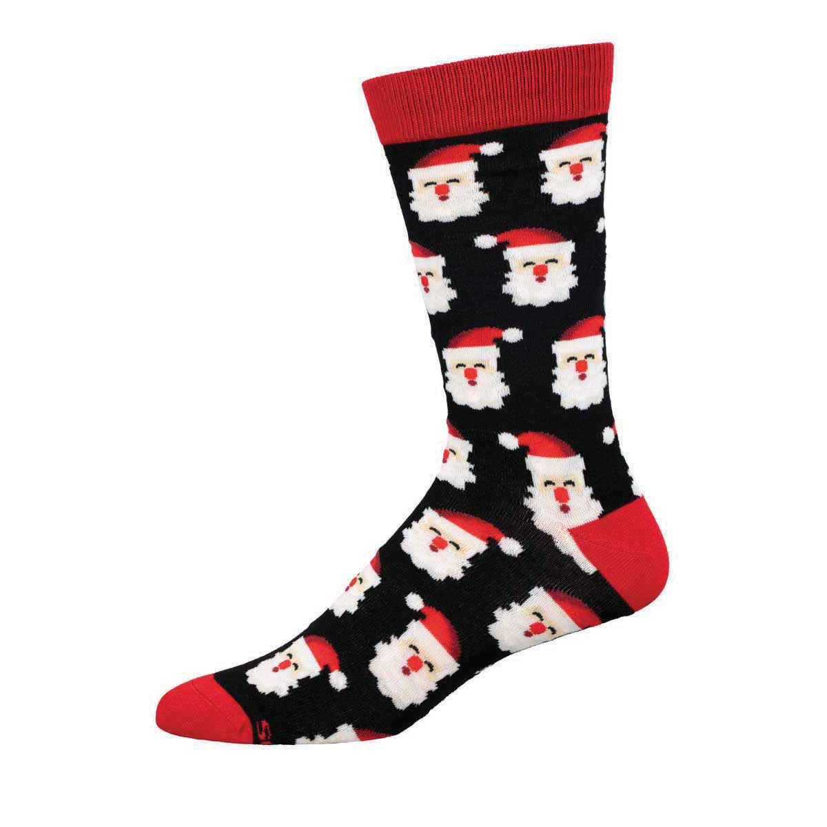 A pair of Christmas-themed bamboo socks with Santa Claus patterns in black, red, and white colors.