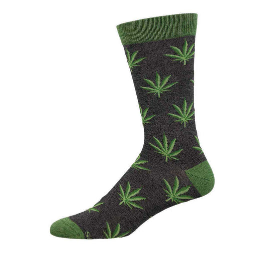 A pair of socks with a pattern of green cannabis leaves on a charcoal heather background