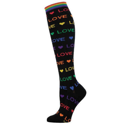 A pair of knee-high socks with the word 'LOVE' and heart patterns in a rainbow of colors on a black background.