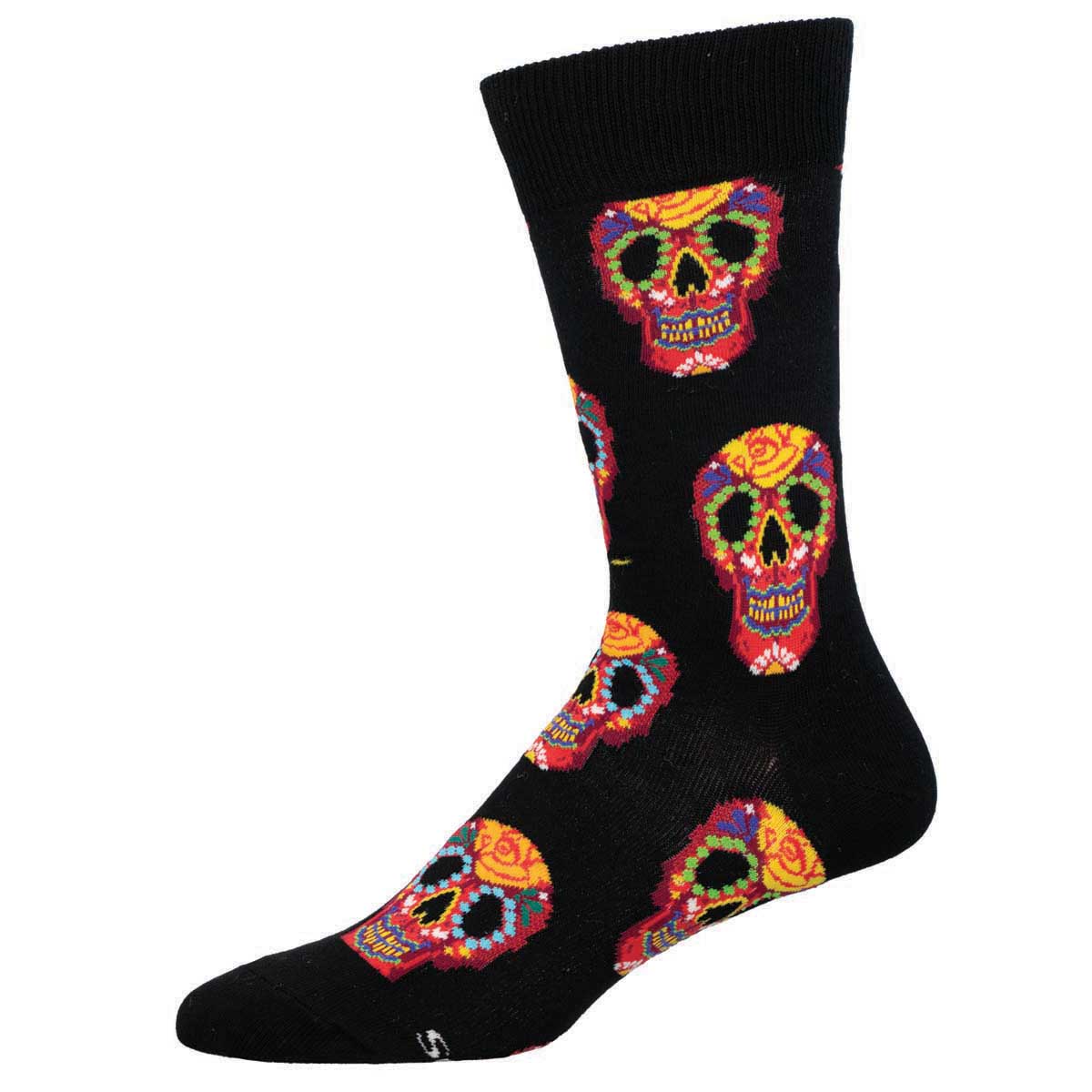 A pair of black crew socks with a pattern of colorful red Dia De Los Muertos sugar skull designs.