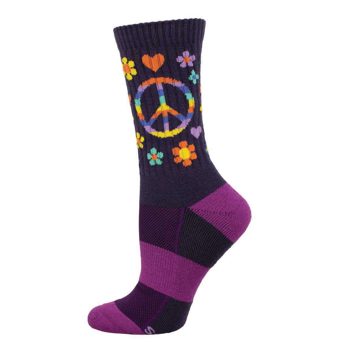 A pair of purple Merino wool socks with a peace symbol and floral pattern