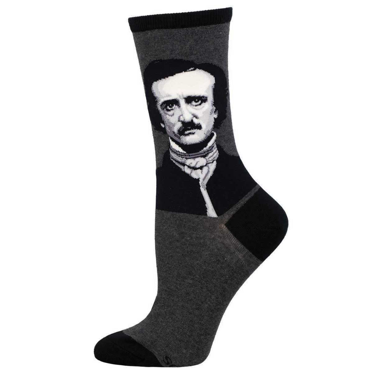 A charcoal gray pair of crew socks featuring a portrait of Edgar Allen Poe. 