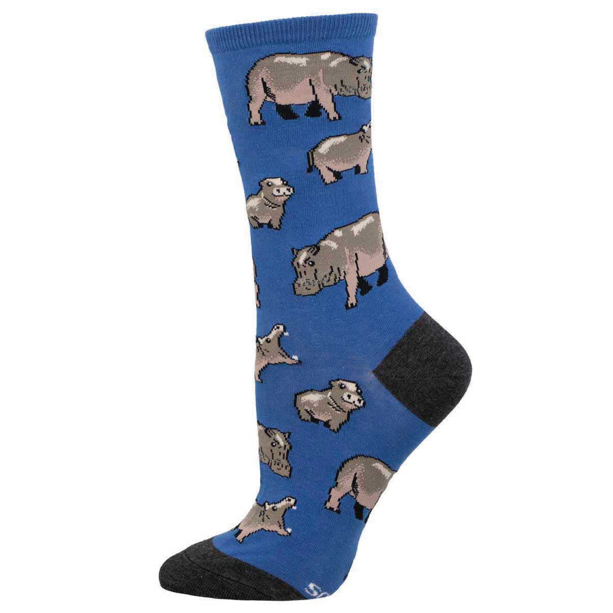 A pair of blue cotton socks with a pattern of hippos in various poses.