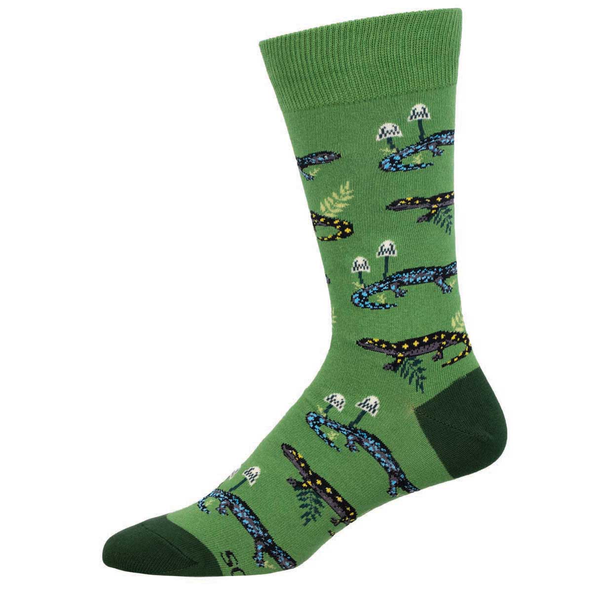 A green crew sock with a pattern of salamanders and foliage.