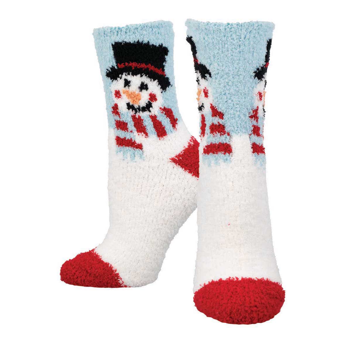 A pair of fuzzy socks with a snowman design, predominantly blue and white with red accents.
