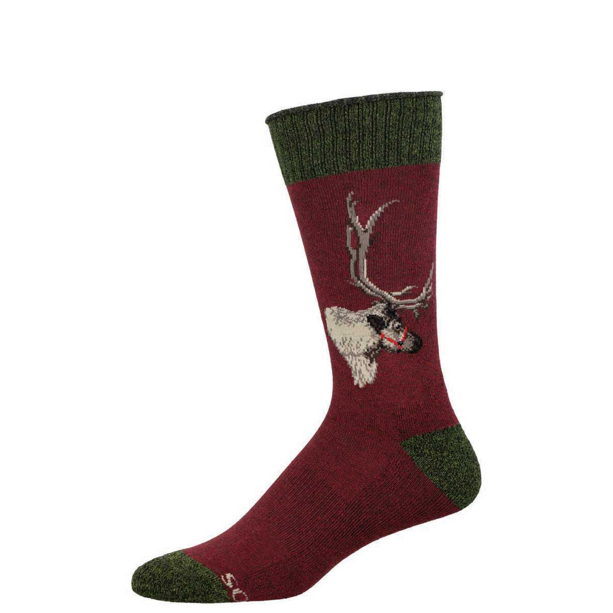 A red sock with a green cuff featuring a reindeer design, suitable for hiking.