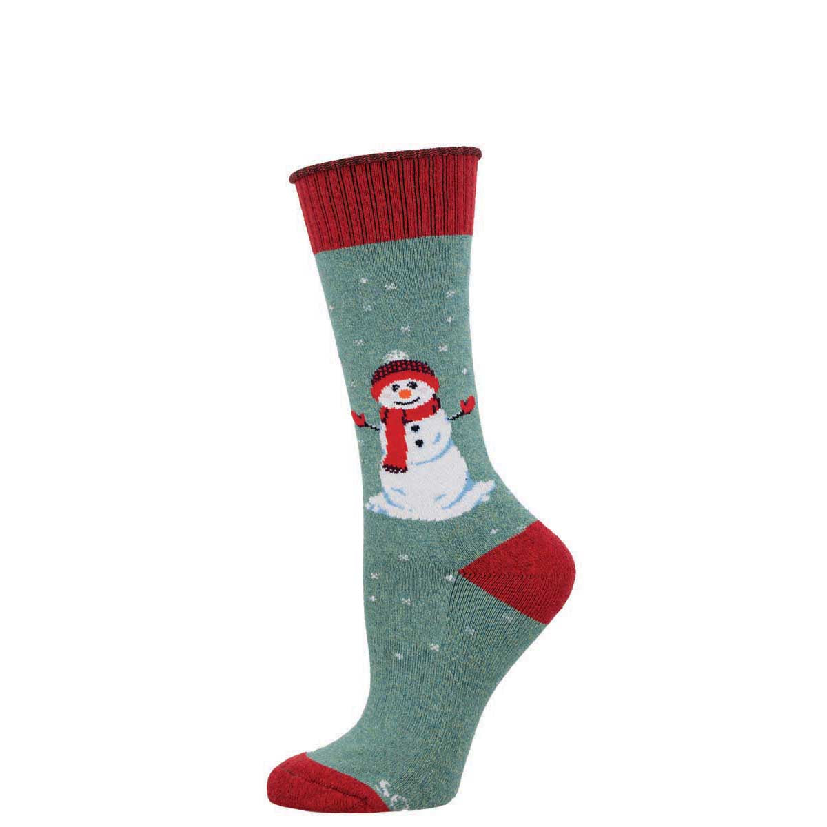 A frosty blue sock with a red and white snowman design and red accents on the cuffs.