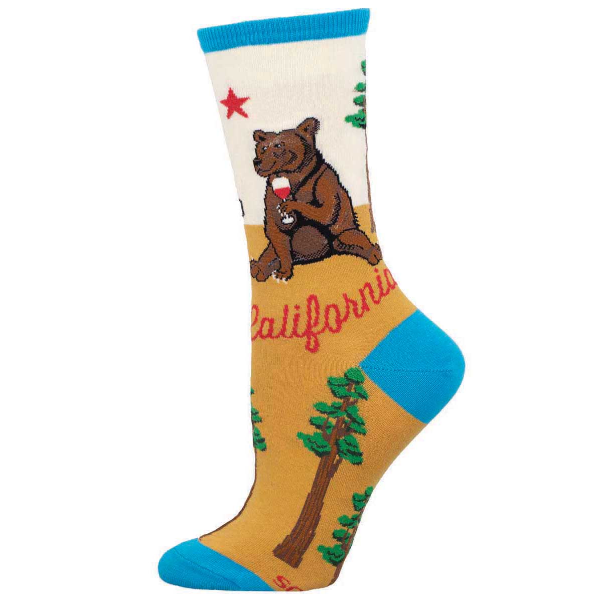 A pair of women's crew socks with a bear holding a wine glass and the text 'California' on them, predominantly in a beige color with blue at the cuffs.