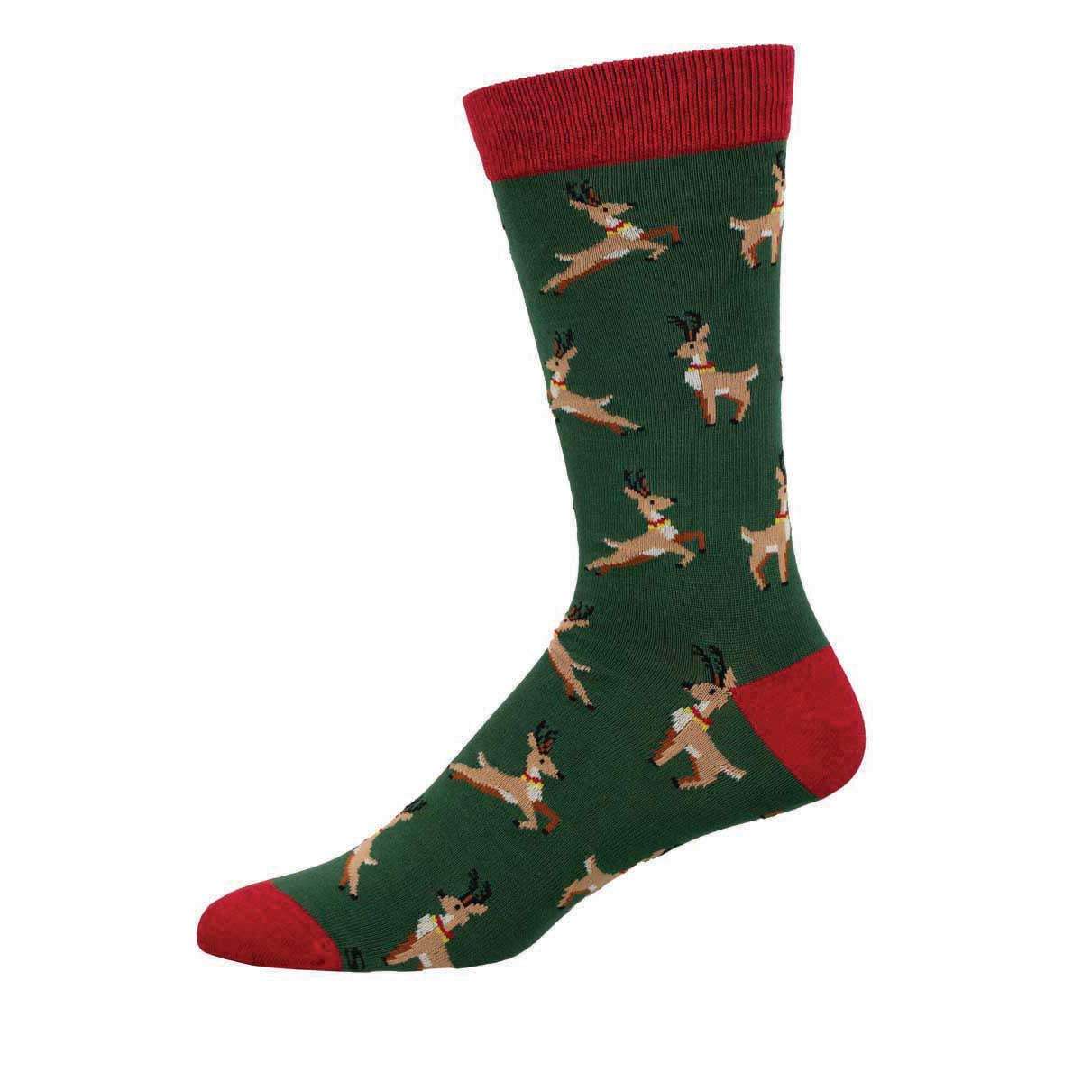 A pair of green crew socks with a pattern of reindeer in various jumping poses, with red accents on the cuffs.
