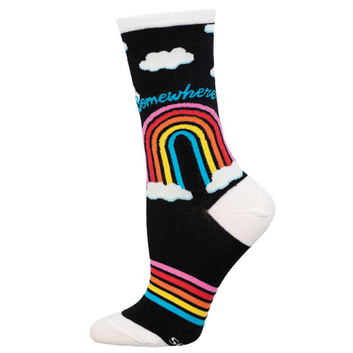 A pair of colorful crew socks with a rainbow and clouds design, and the text 'Somewhere' Over an image of a Rainbow on the ankle area.
