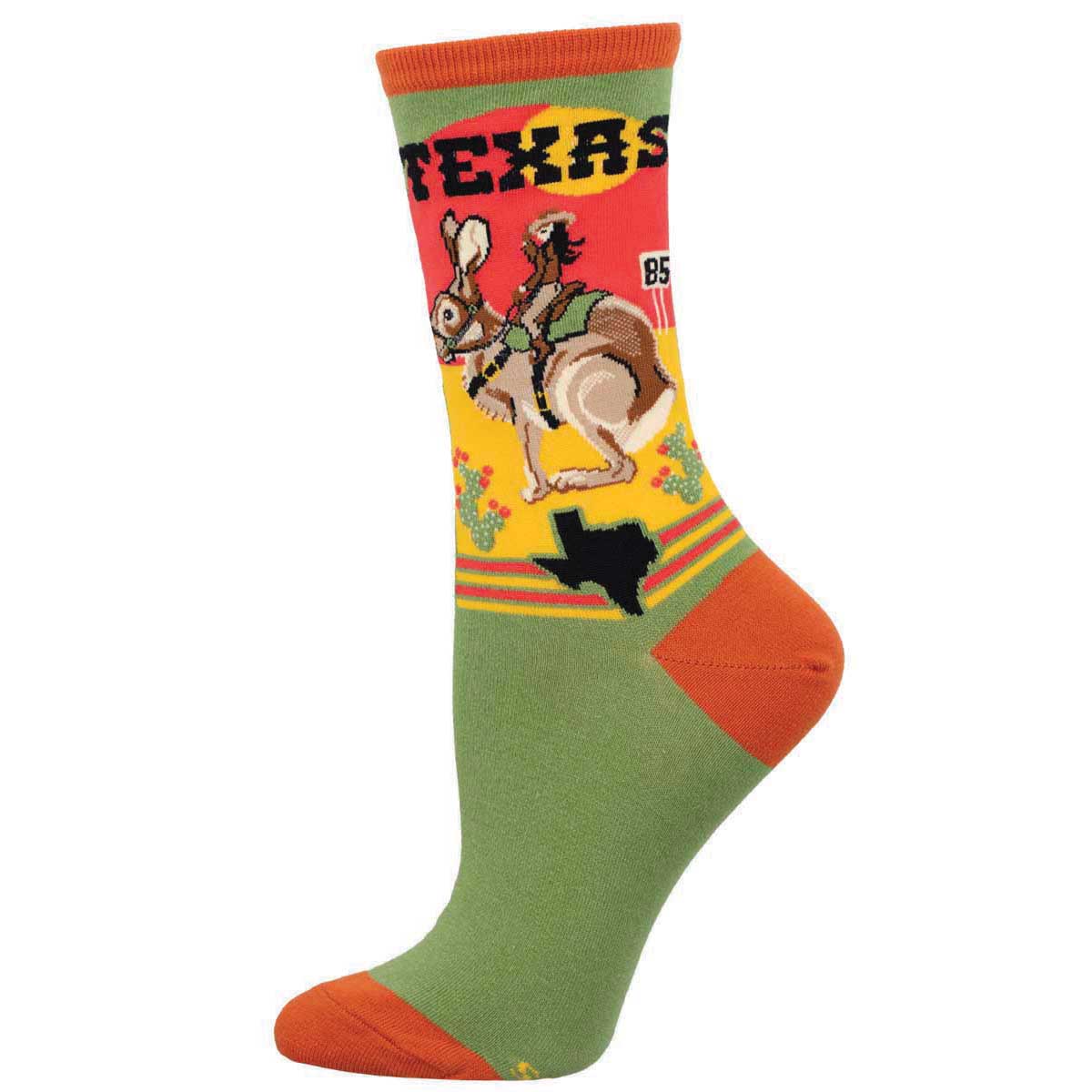 A colorful sock with a graphic design featuring a rabbit with a cowgirl riding it with the text 'Texas' and the state silhouette.