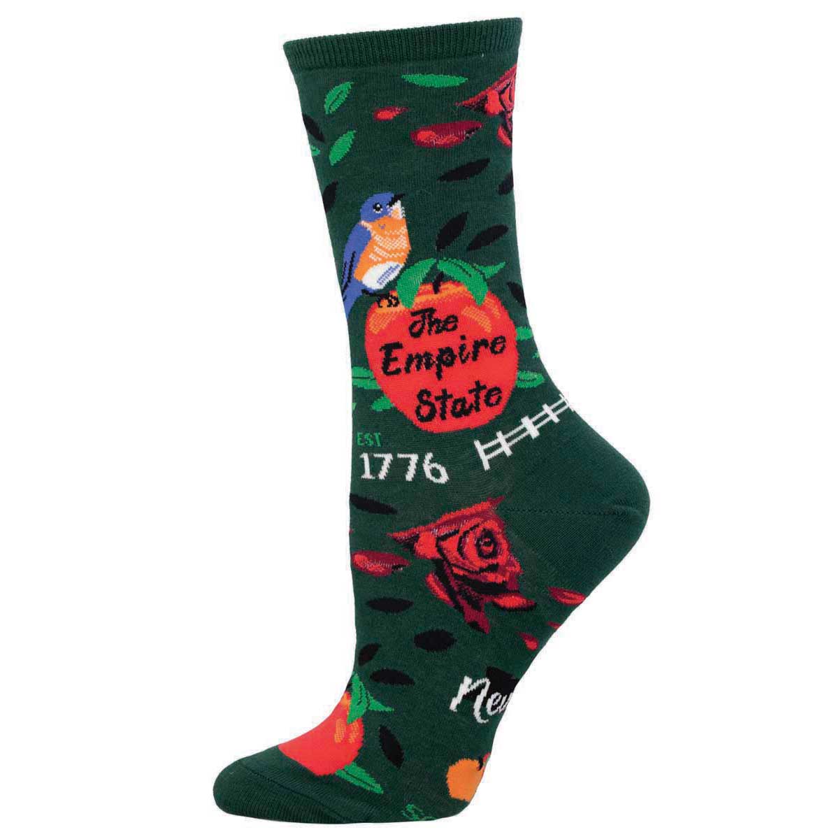 A green sock dedicated to New York with a pattern that includes a red apple, a blue bird, and the text 'Empire State 1776'.