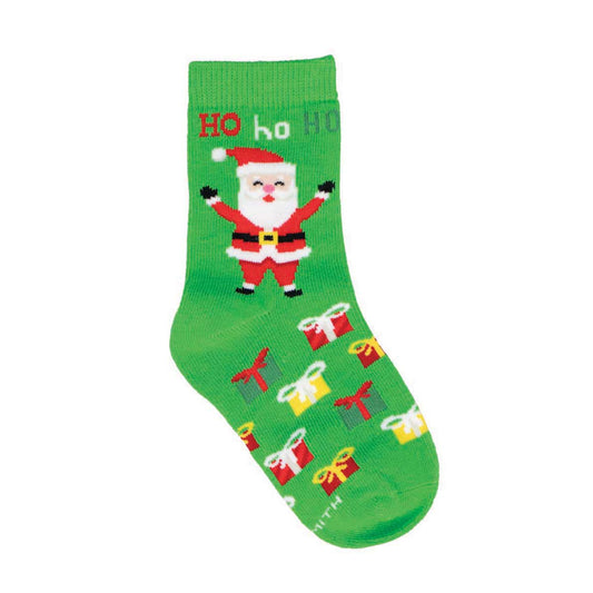 A green crew sock with a cartoon illustration of Santa Claus and various Christmas-themed presents pattern.